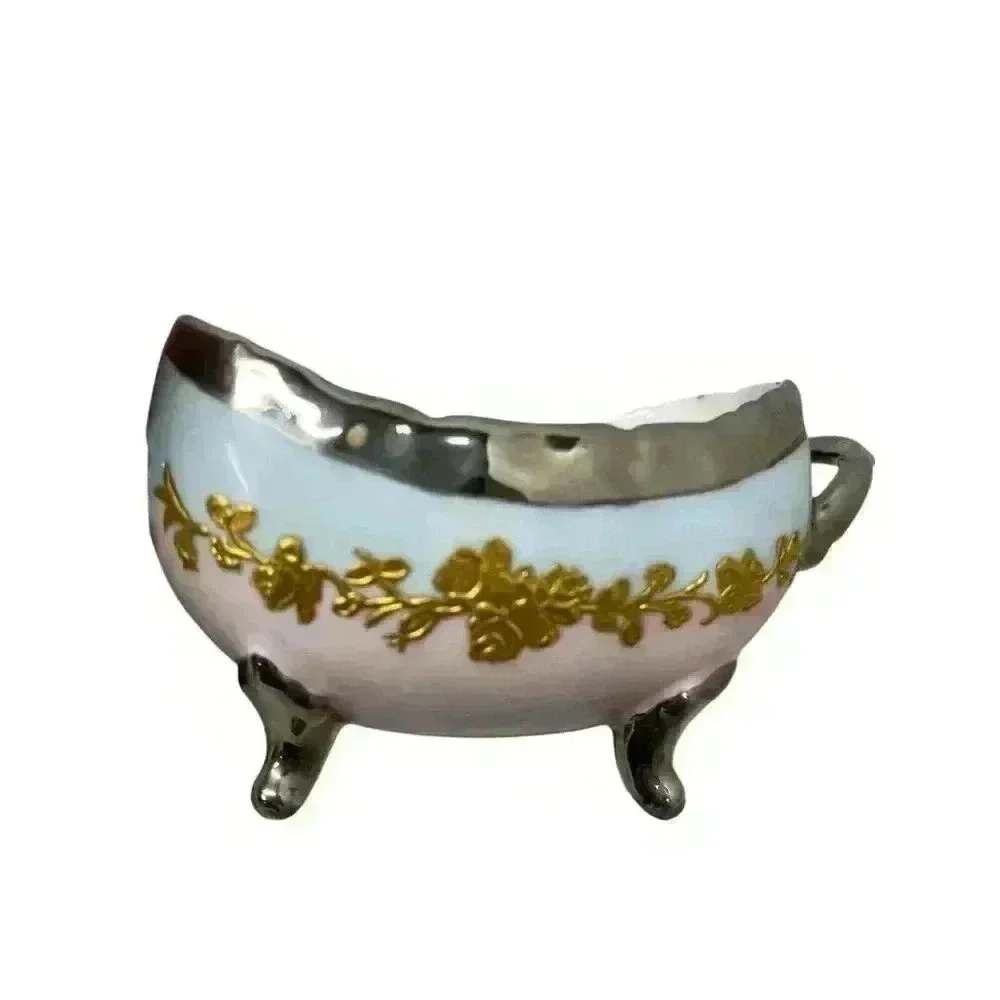 Vintage T&V Limoges Hand Painted Roses Candy Dish RARE Pink/Blue/Gold/Silver